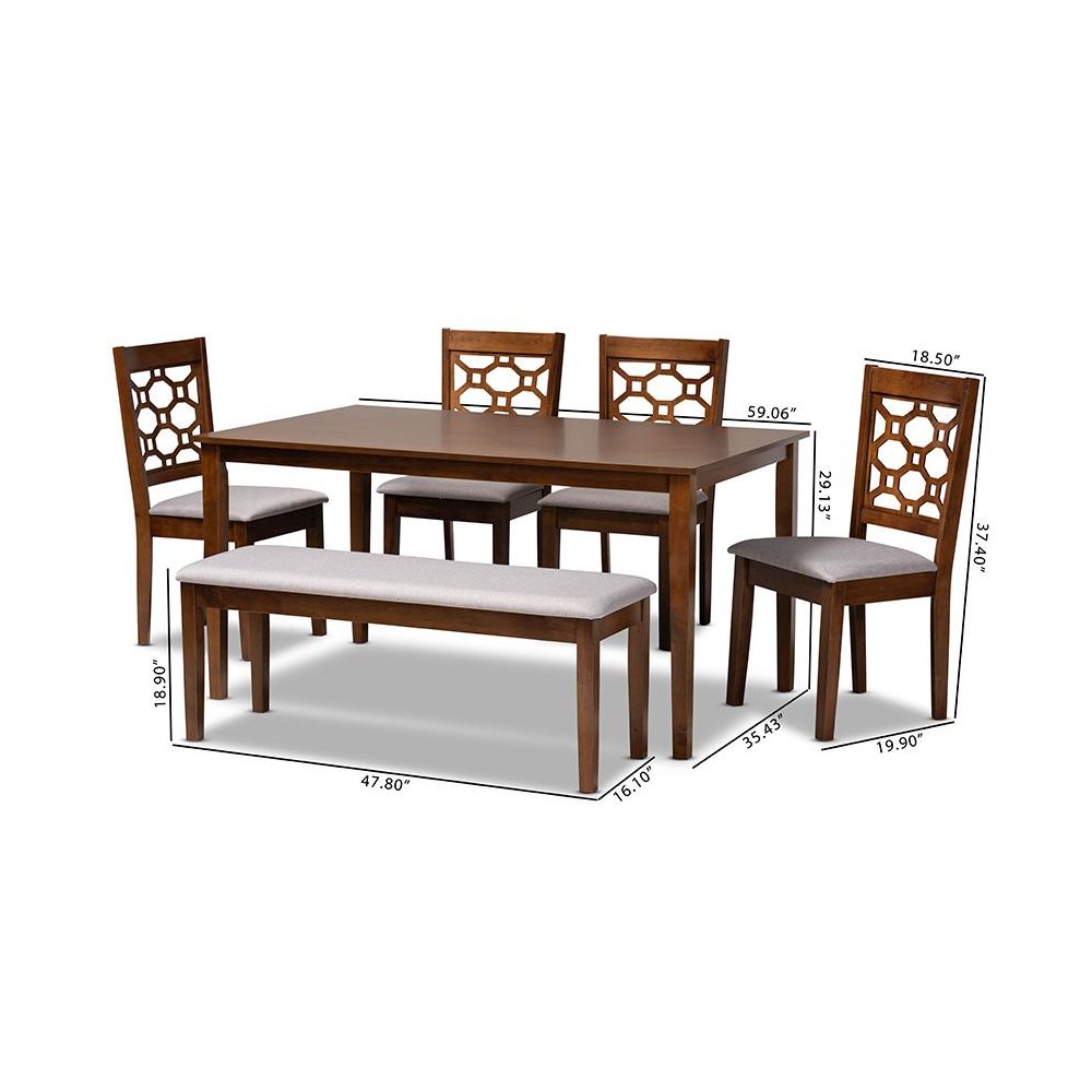 Grey Fabric Upholstered and Walnut Brown Finished Wood 6-Piece Dining Set. Picture 9