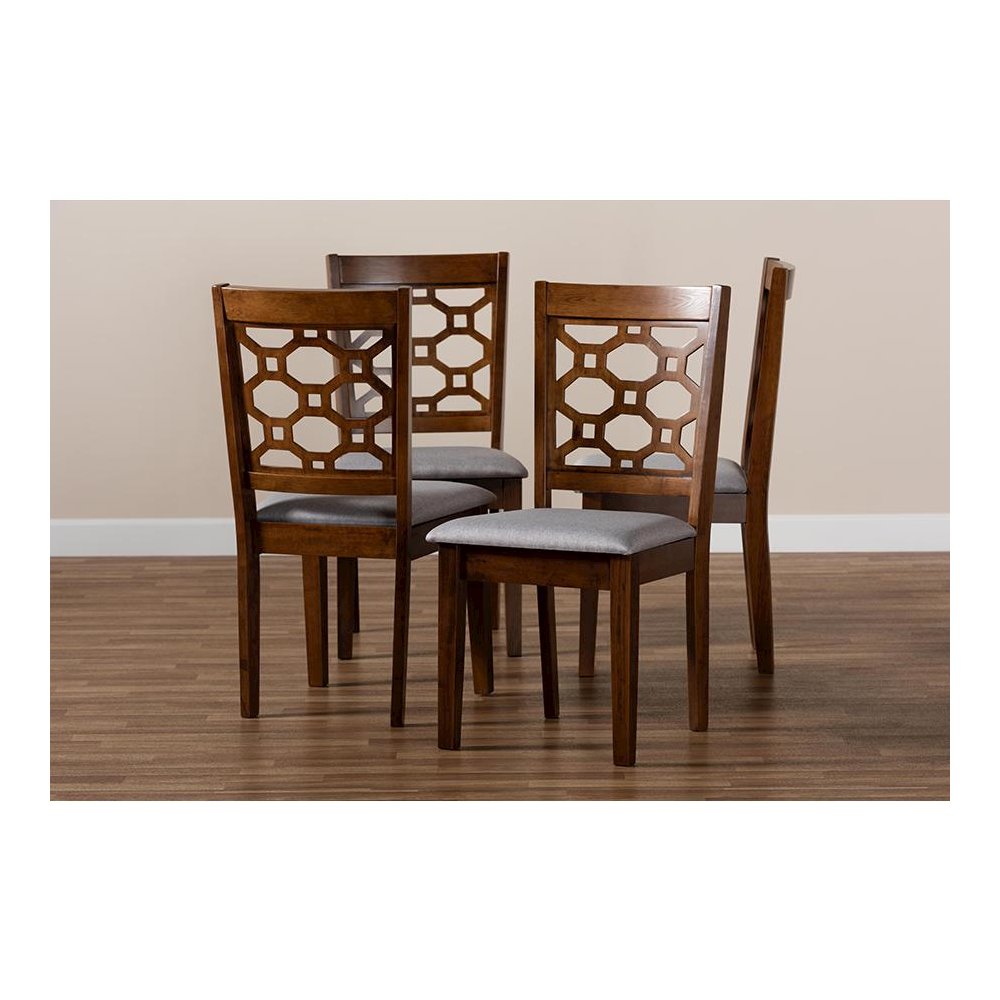 Grey Fabric Upholstered and Walnut Brown Finished Wood 4-Piece Dining Chair Set. Picture 5