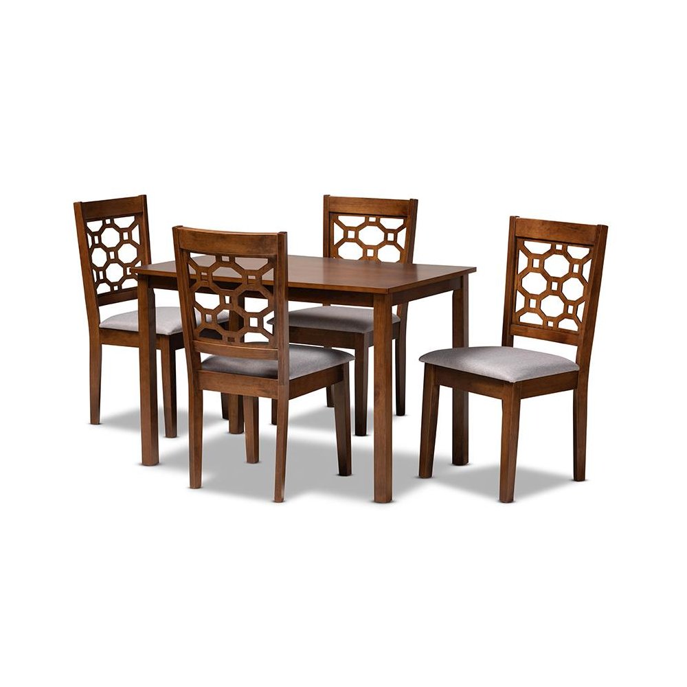 Grey Fabric Upholstered and Walnut Brown Finished Wood 5-Piece Dining Set. Picture 1