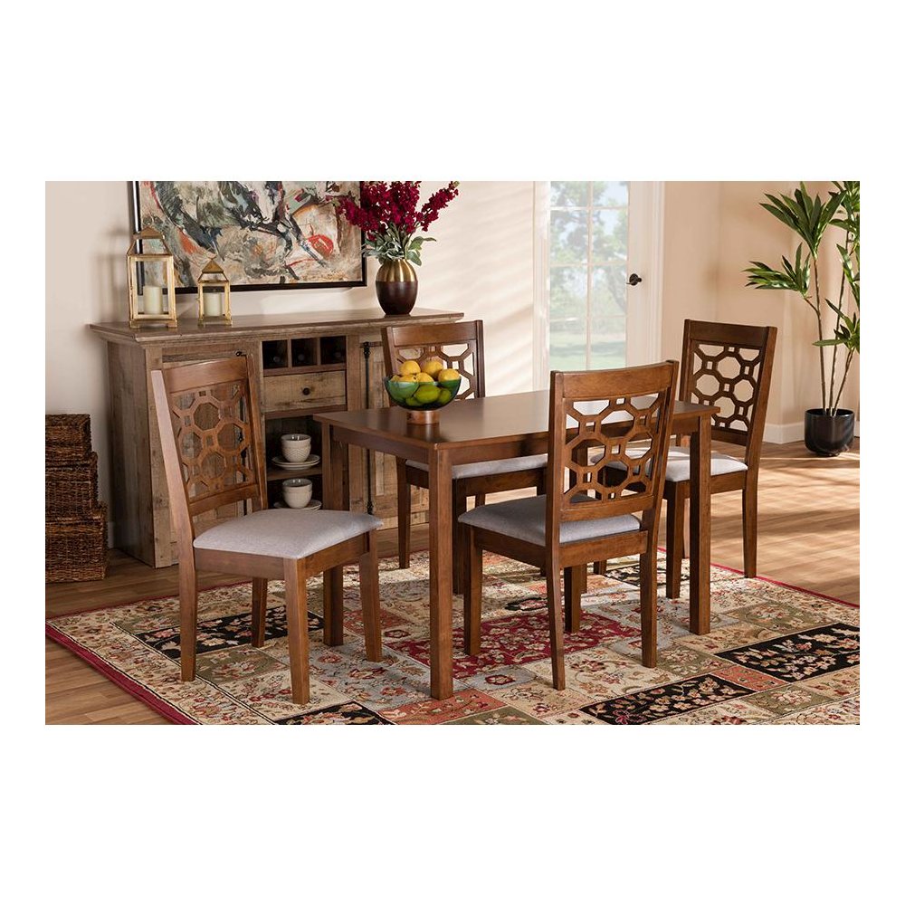 Grey Fabric Upholstered and Walnut Brown Finished Wood 5-Piece Dining Set. Picture 6