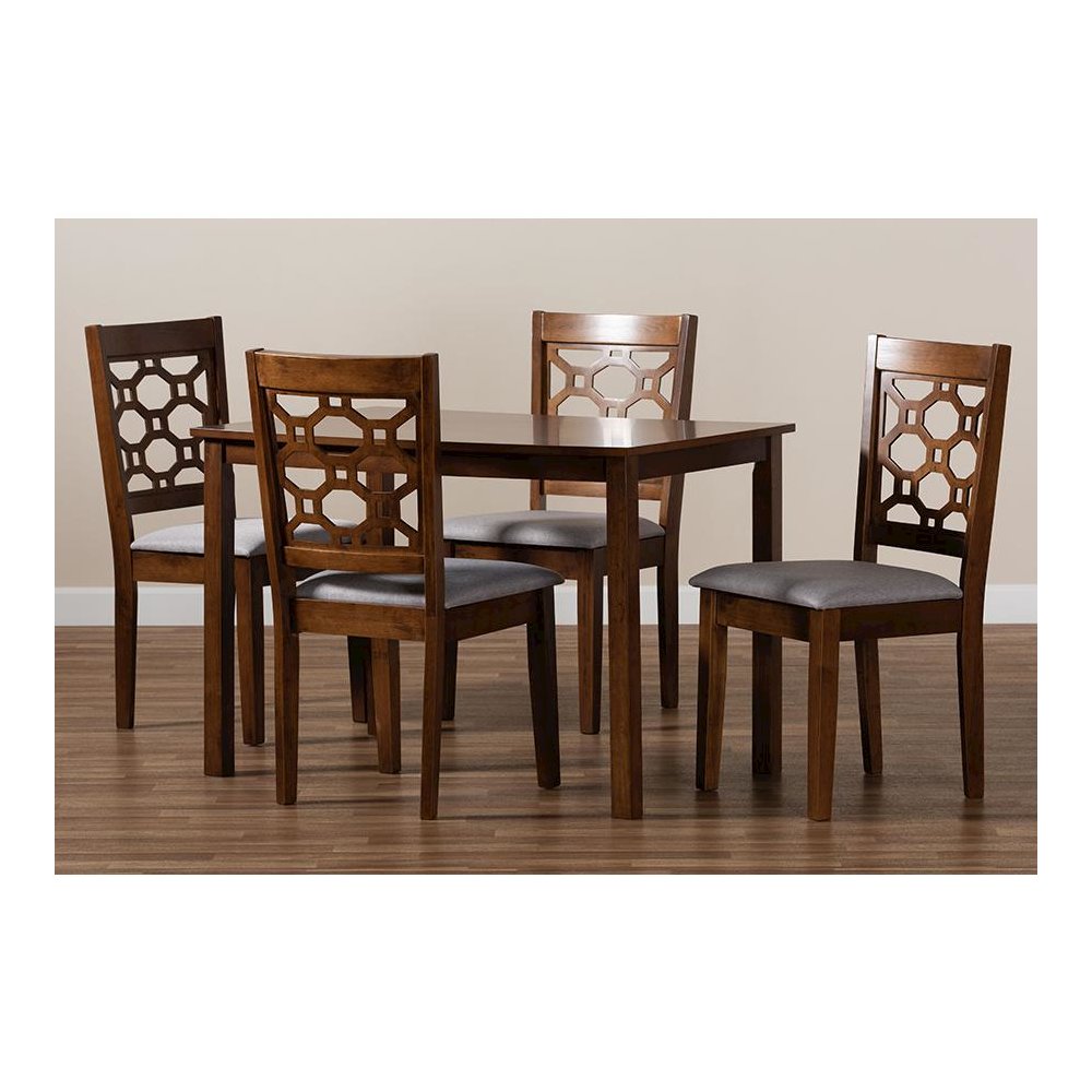 Grey Fabric Upholstered and Walnut Brown Finished Wood 5-Piece Dining Set. Picture 7