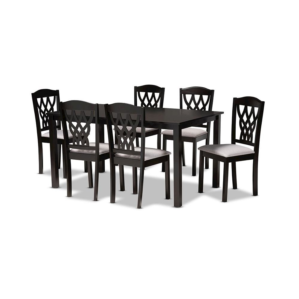Grey Fabric Upholstered and Dark Brown Finished Wood 7-Piece Dining Set. Picture 1
