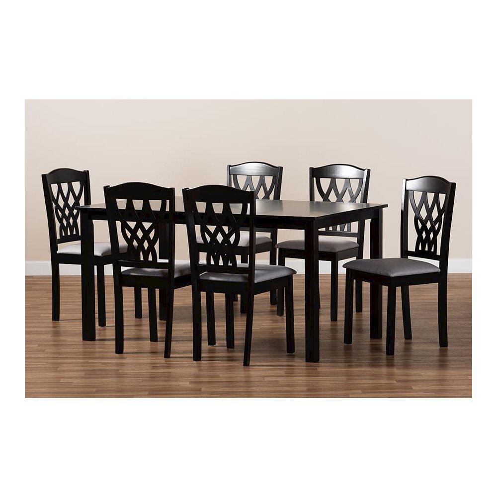 Grey Fabric Upholstered and Dark Brown Finished Wood 7-Piece Dining Set. Picture 7