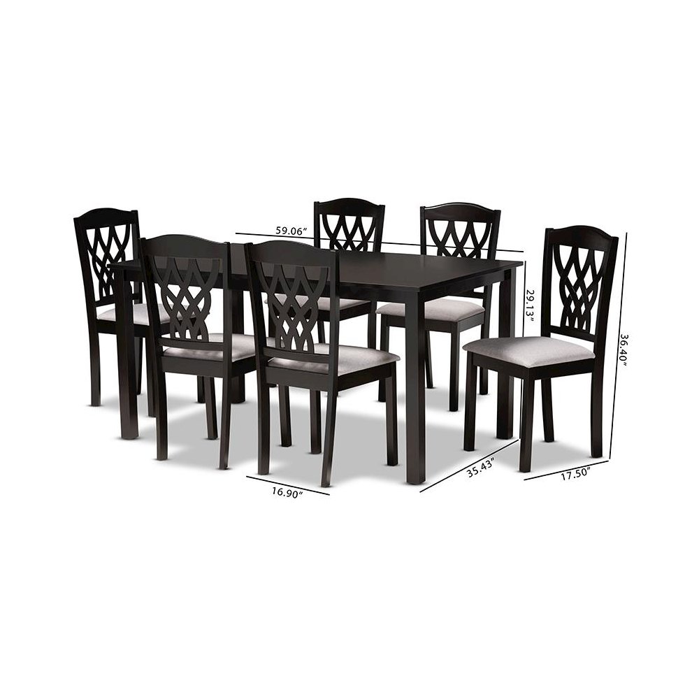 Grey Fabric Upholstered and Dark Brown Finished Wood 7-Piece Dining Set. Picture 8