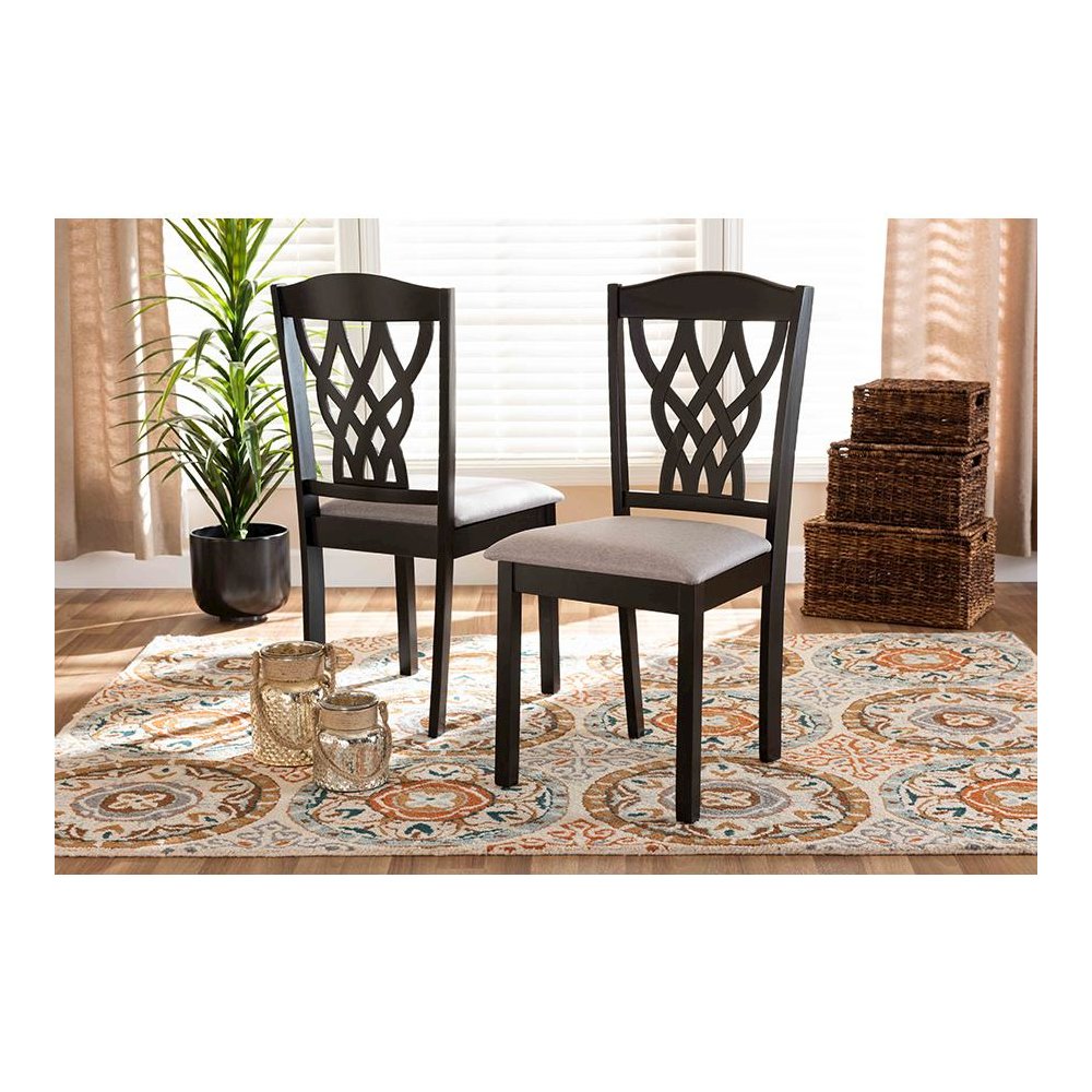 Grey Fabric Upholstered and Dark Brown Finished Wood 2-Piece Dining Chair Set. Picture 5