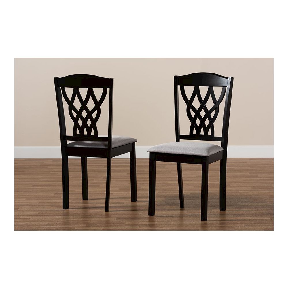 Grey Fabric Upholstered and Dark Brown Finished Wood 2-Piece Dining Chair Set. Picture 6