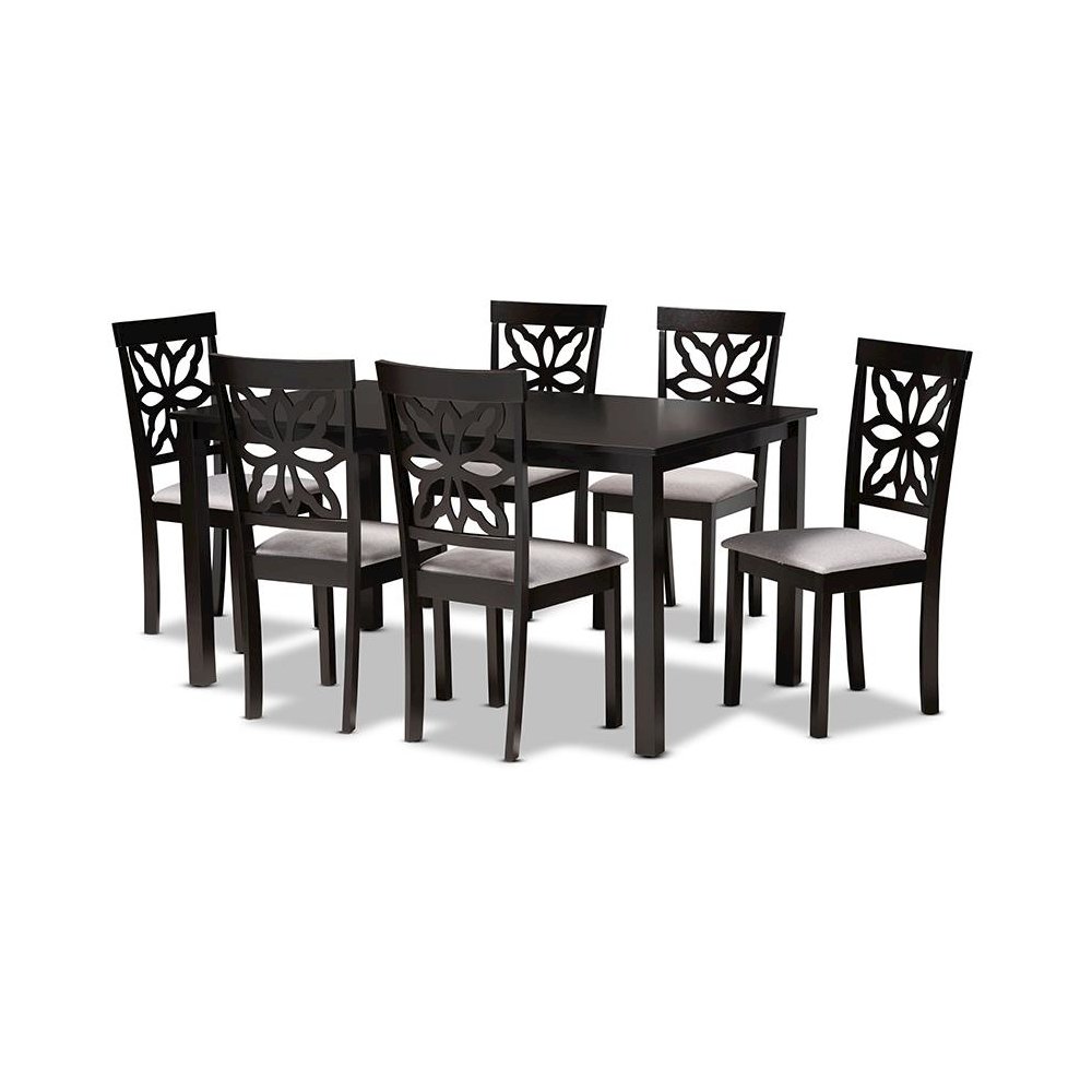 Grey Fabric Upholstered and Dark Brown Finished Wood 7-Piece Dining Set. Picture 1