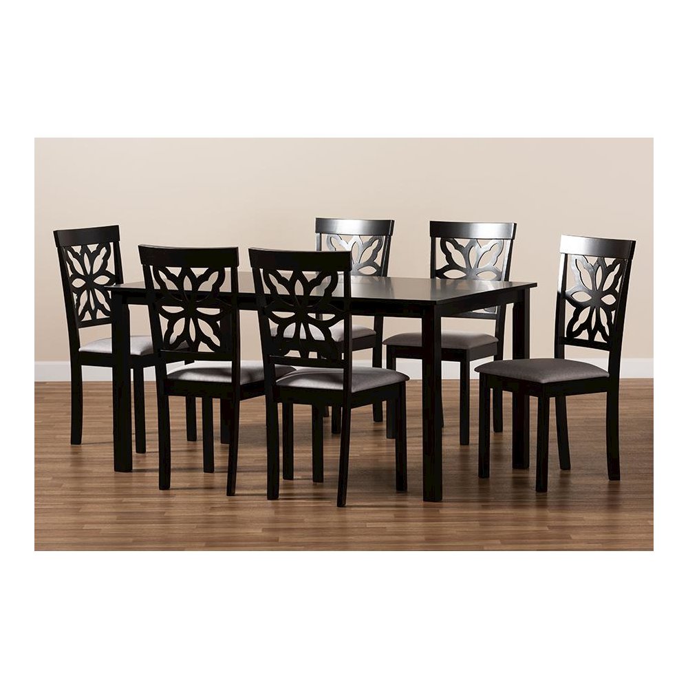 Grey Fabric Upholstered and Dark Brown Finished Wood 7-Piece Dining Set. Picture 7