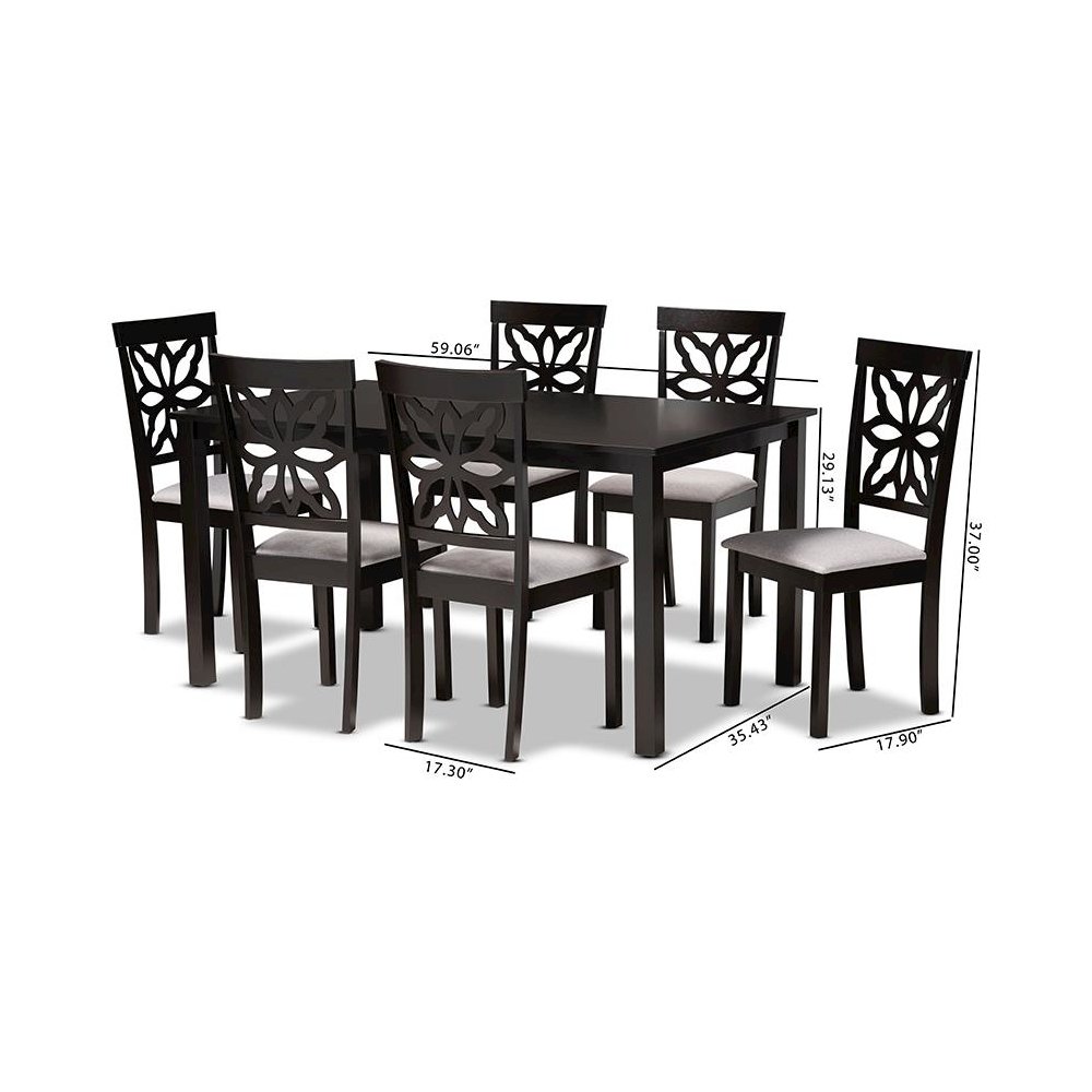 Grey Fabric Upholstered and Dark Brown Finished Wood 7-Piece Dining Set. Picture 8