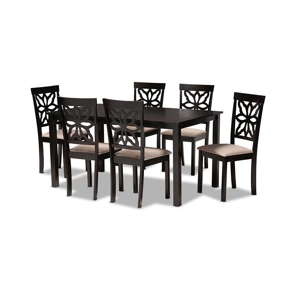 Sand Fabric Upholstered and Dark Brown Finished Wood 7-Piece Dining Set. Picture 1