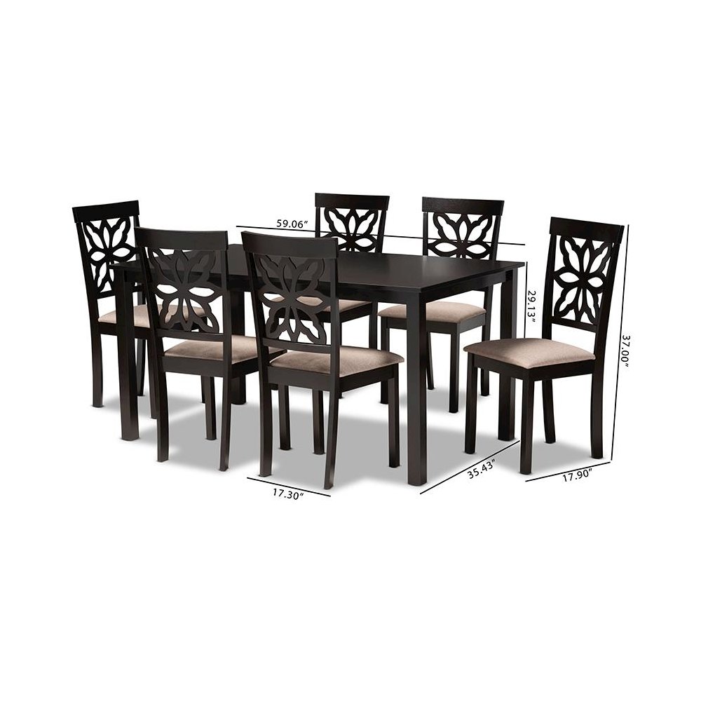 Sand Fabric Upholstered and Dark Brown Finished Wood 7-Piece Dining Set. Picture 8