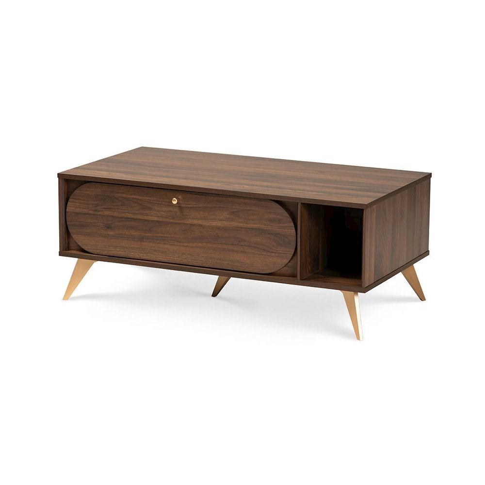 Edel Mid-Century Modern Walnut Brown and Gold Finished Wood Coffee Table. Picture 1