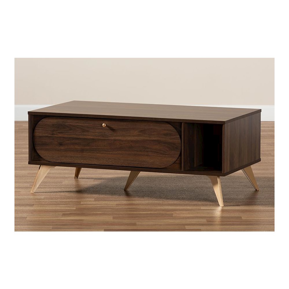 Edel Mid-Century Modern Walnut Brown and Gold Finished Wood Coffee Table. Picture 10