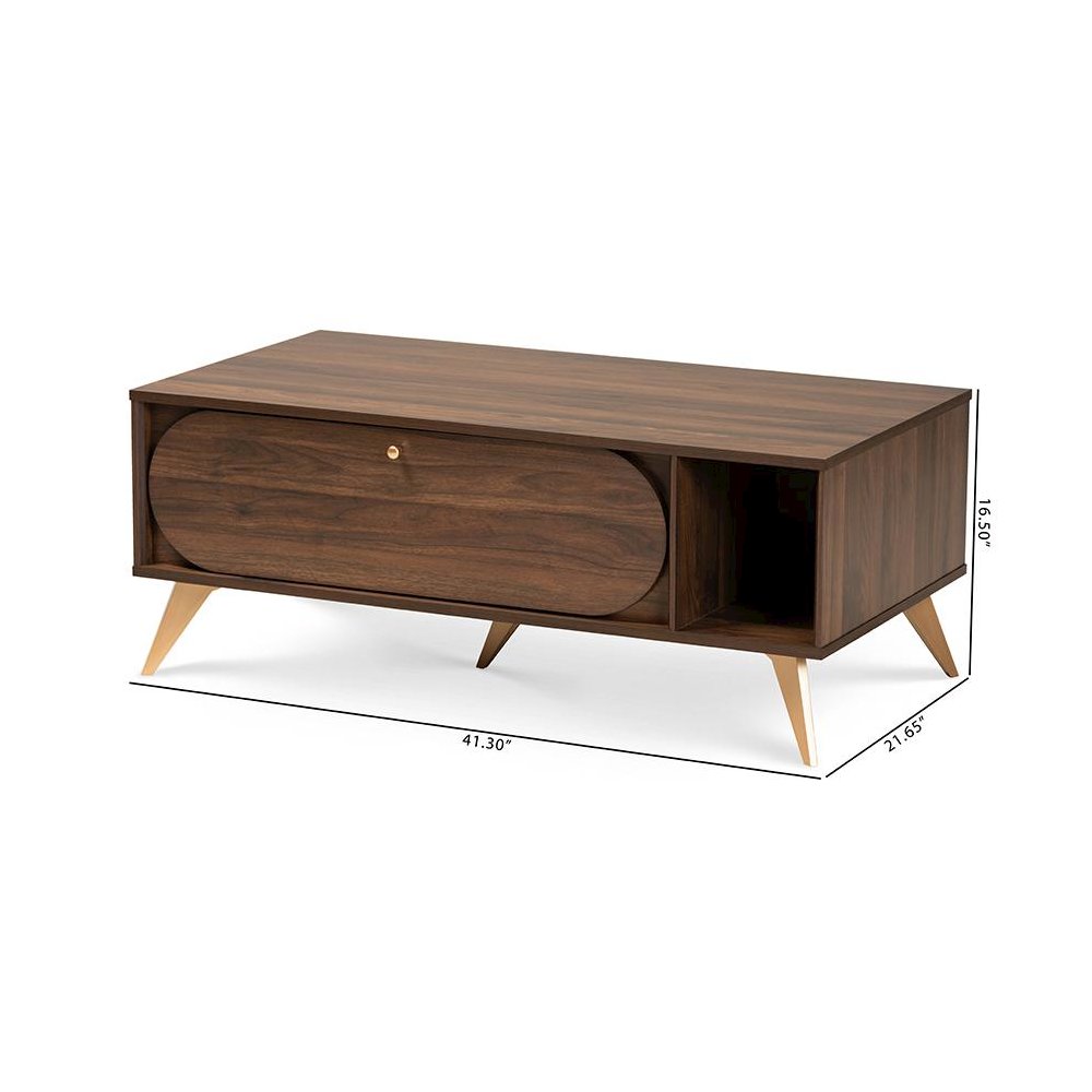 Edel Mid-Century Modern Walnut Brown and Gold Finished Wood Coffee Table. Picture 11