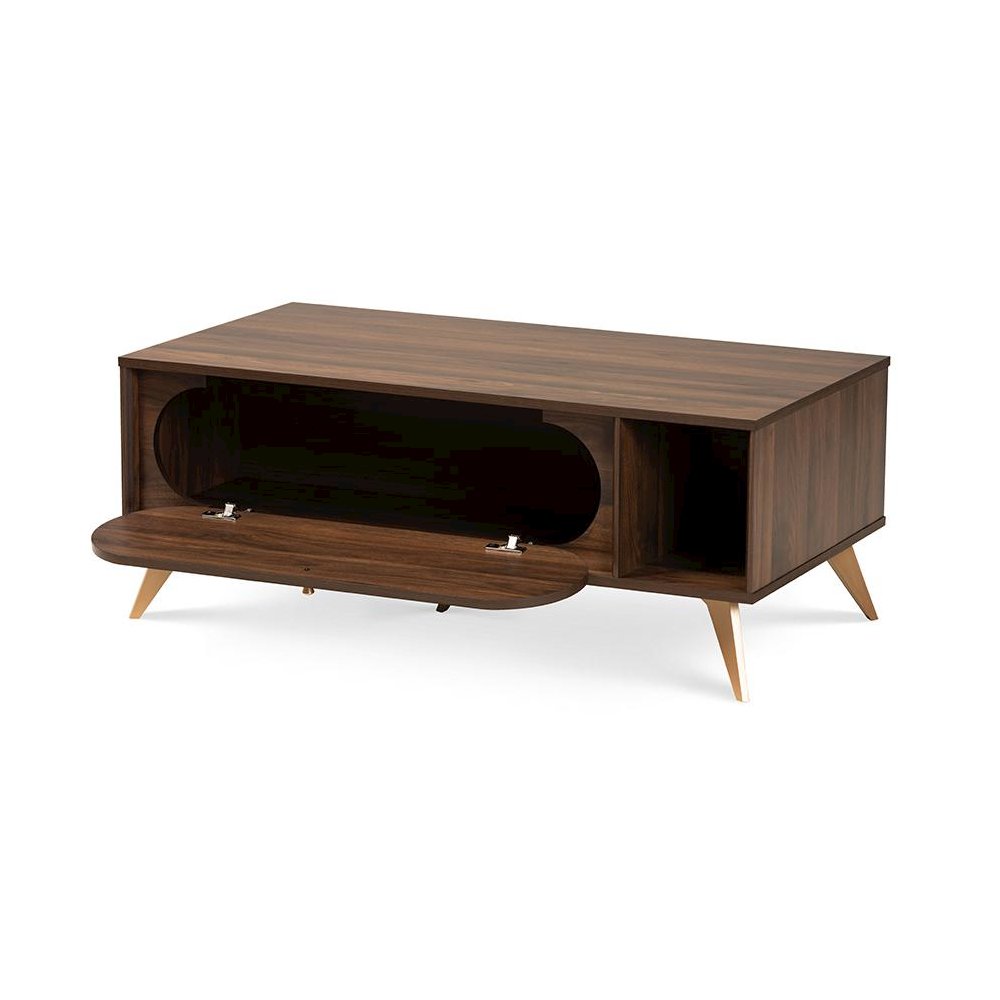 Edel Mid-Century Modern Walnut Brown and Gold Finished Wood Coffee Table. Picture 2