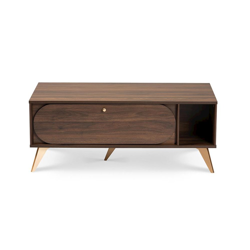 Edel Mid-Century Modern Walnut Brown and Gold Finished Wood Coffee Table. Picture 3