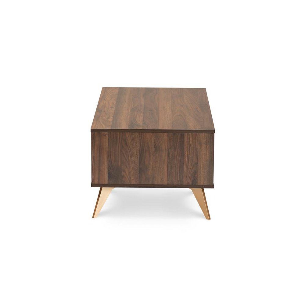 Edel Mid-Century Modern Walnut Brown and Gold Finished Wood Coffee Table. Picture 4