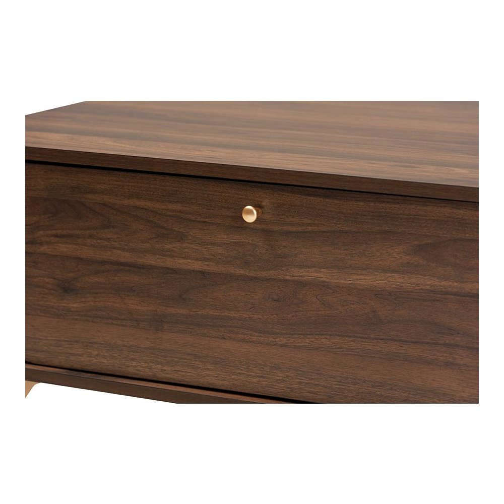 Edel Mid-Century Modern Walnut Brown and Gold Finished Wood Coffee Table. Picture 6