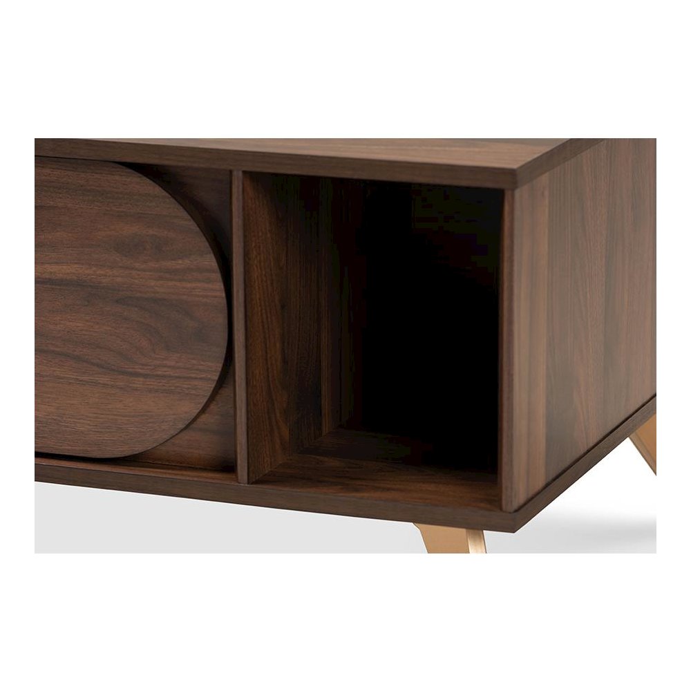Edel Mid-Century Modern Walnut Brown and Gold Finished Wood Coffee Table. Picture 7