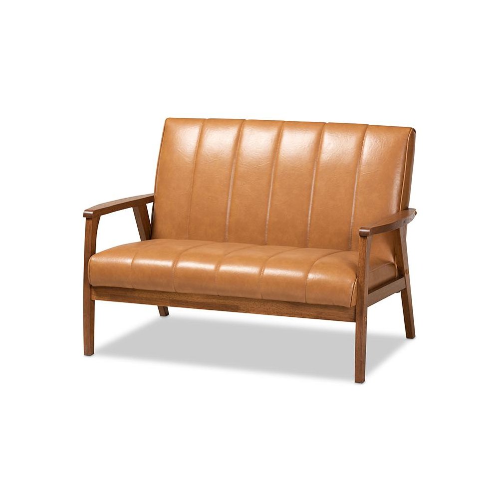 Leather Upholstered and Walnut Brown finished Wood Loveseat. Picture 1