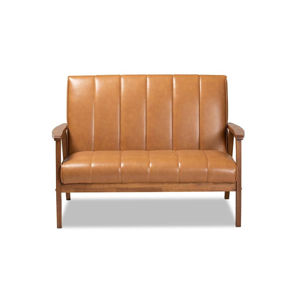 Leather Upholstered and Walnut Brown finished Wood Loveseat. Picture 2