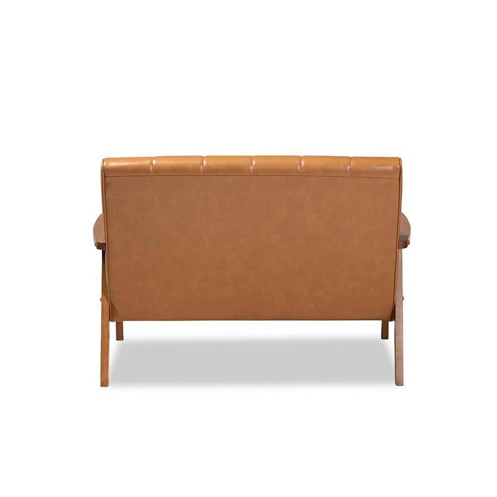 Leather Upholstered and Walnut Brown finished Wood Loveseat. Picture 4