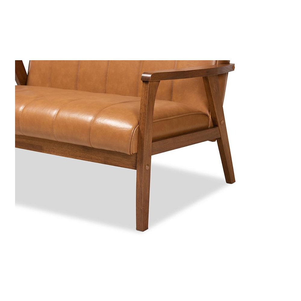 Leather Upholstered and Walnut Brown finished Wood Loveseat. Picture 6