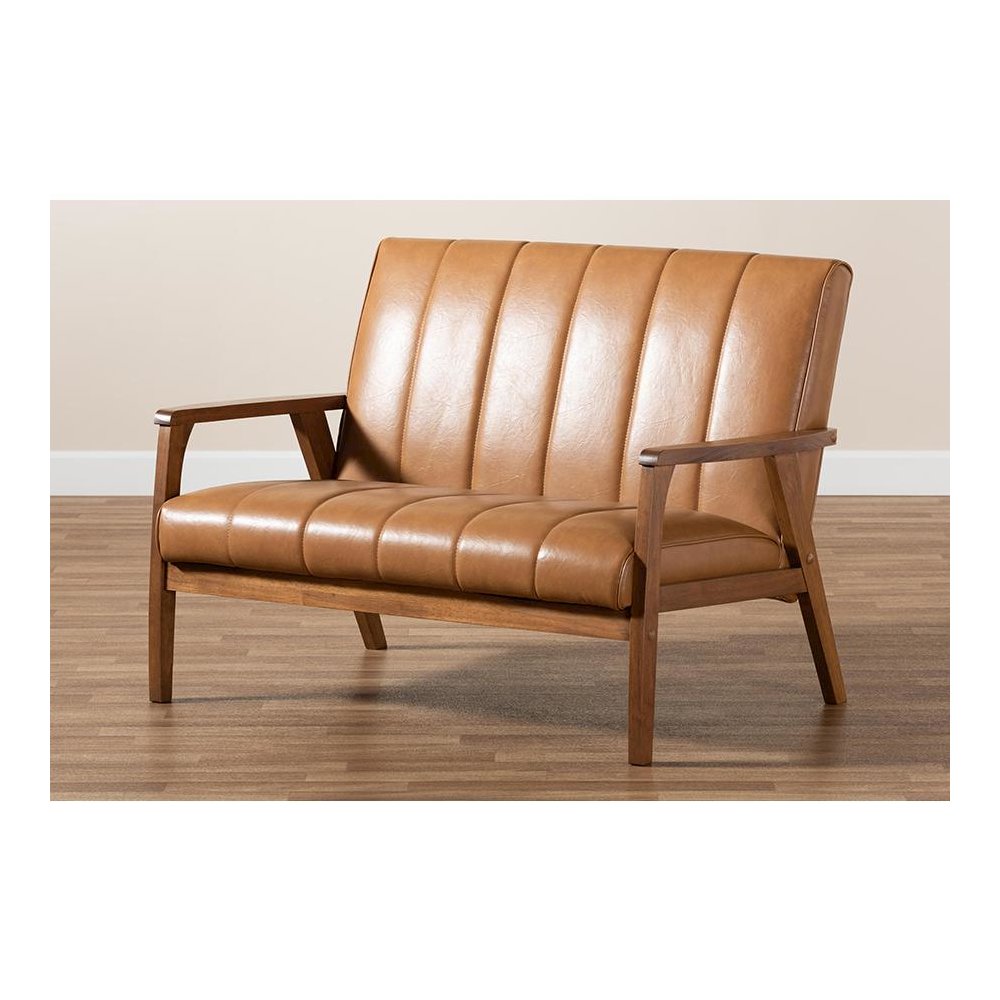Leather Upholstered and Walnut Brown finished Wood Loveseat. Picture 8