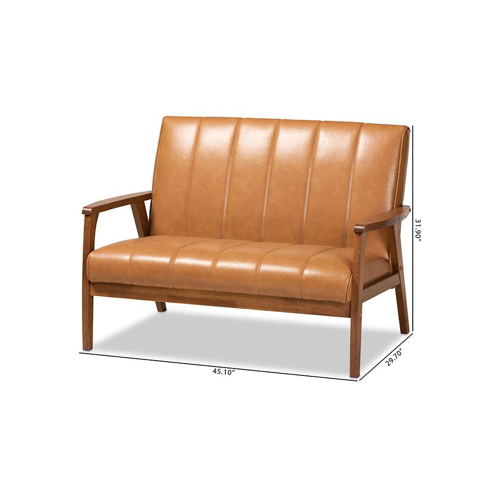 Leather Upholstered and Walnut Brown finished Wood Loveseat. Picture 9