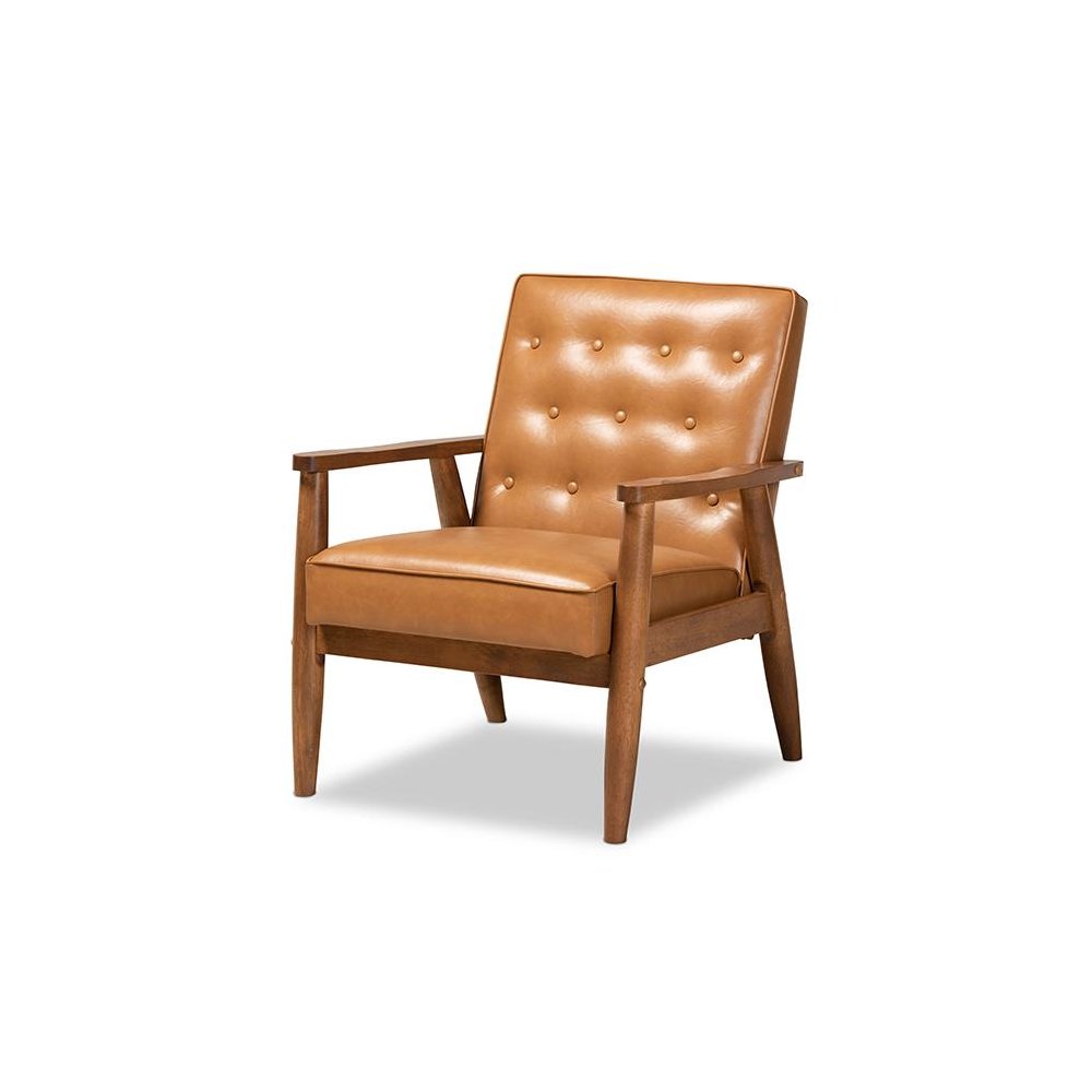 Leather Upholstered and Walnut Brown Finished Wood Lounge Chair. Picture 1