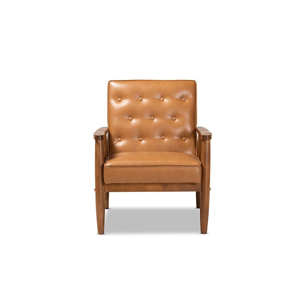 Leather Upholstered and Walnut Brown Finished Wood Lounge Chair. Picture 2