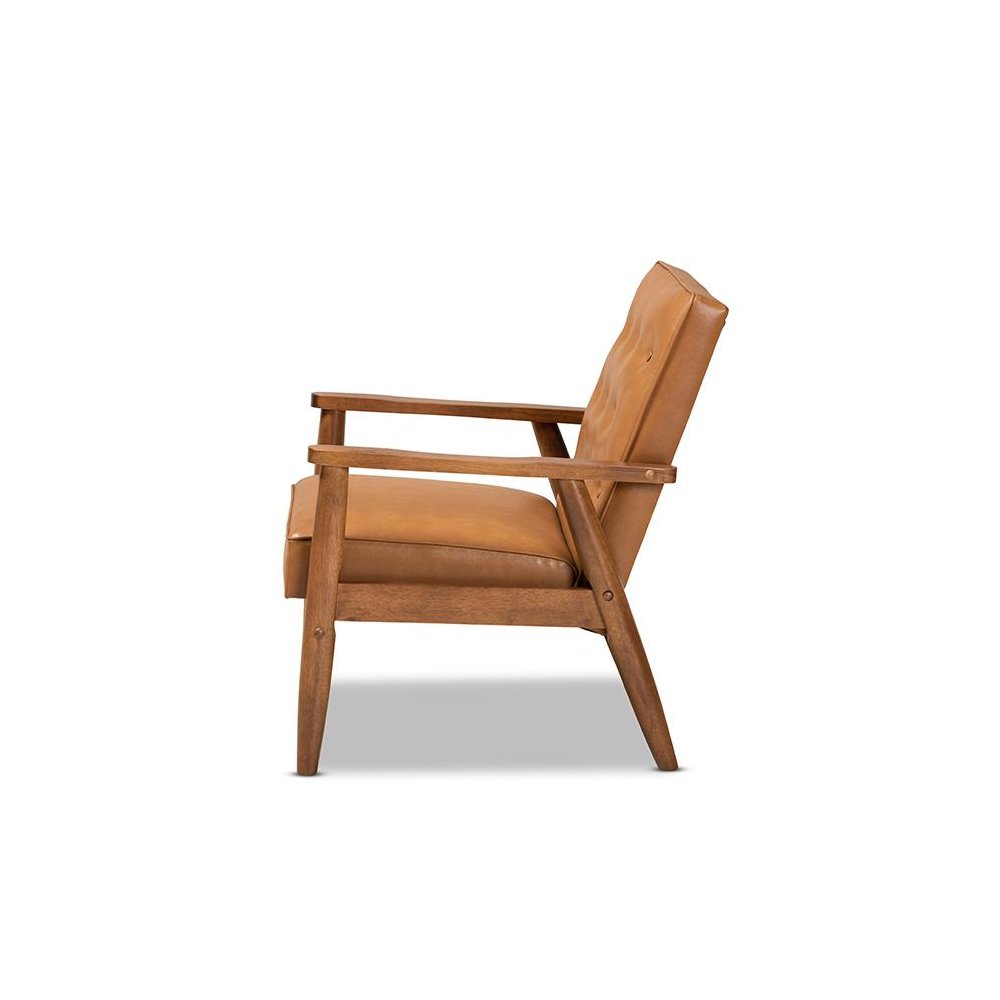 Leather Upholstered and Walnut Brown Finished Wood Lounge Chair. Picture 3