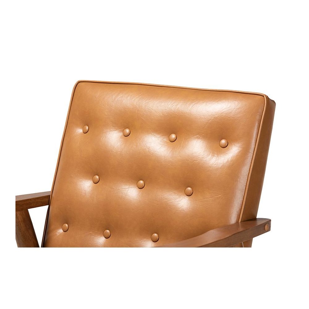 Leather Upholstered and Walnut Brown Finished Wood Lounge Chair. Picture 5