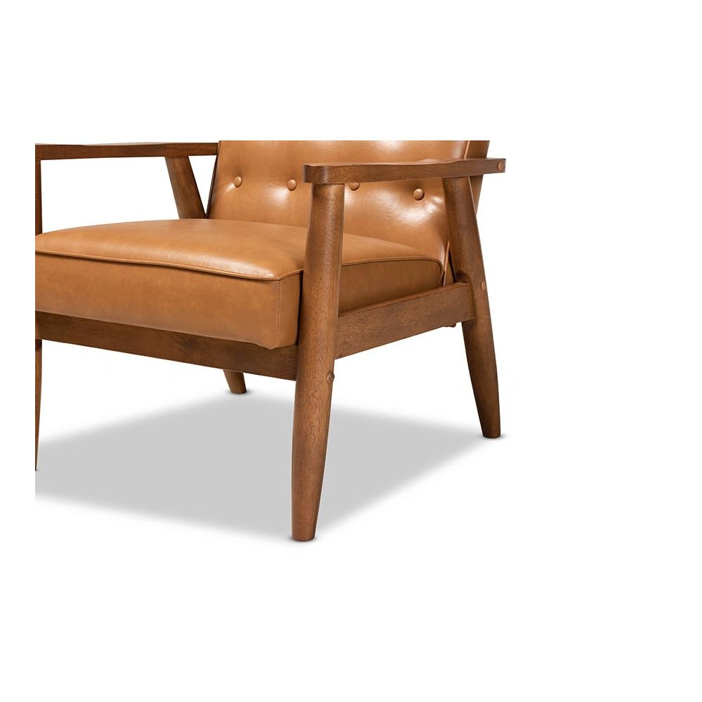Leather Upholstered and Walnut Brown Finished Wood Lounge Chair. Picture 6