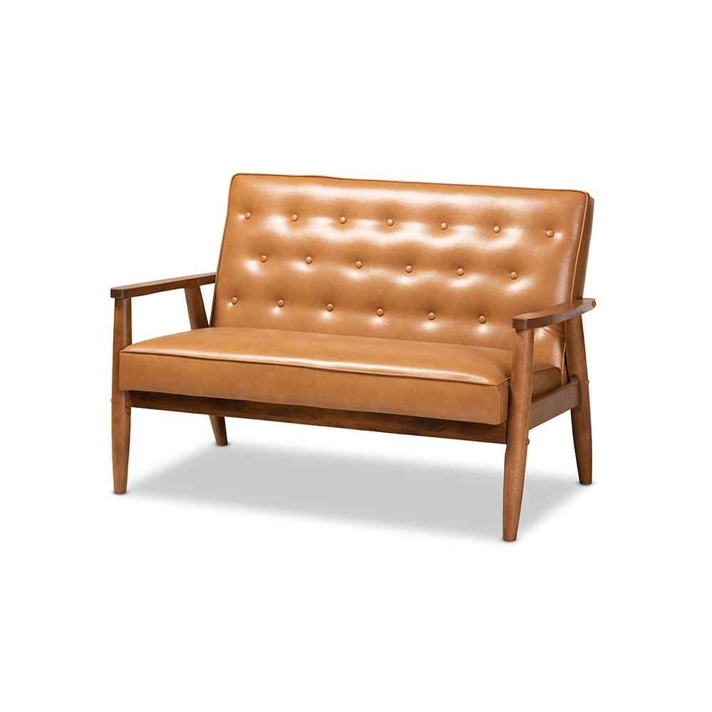 Leather Upholstered and Walnut Brown Finished Wood Loveseat. Picture 1