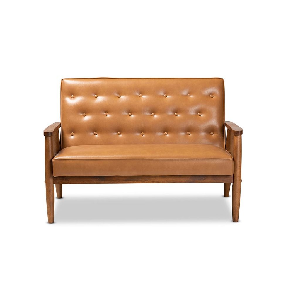 Leather Upholstered and Walnut Brown Finished Wood Loveseat. Picture 2