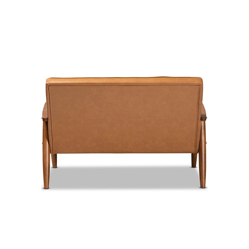 Leather Upholstered and Walnut Brown Finished Wood Loveseat. Picture 4