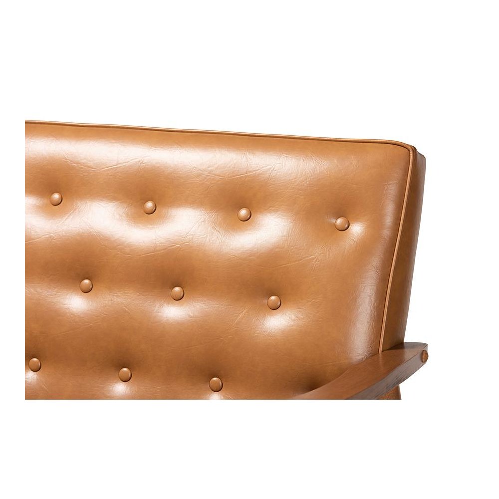 Leather Upholstered and Walnut Brown Finished Wood Loveseat. Picture 5