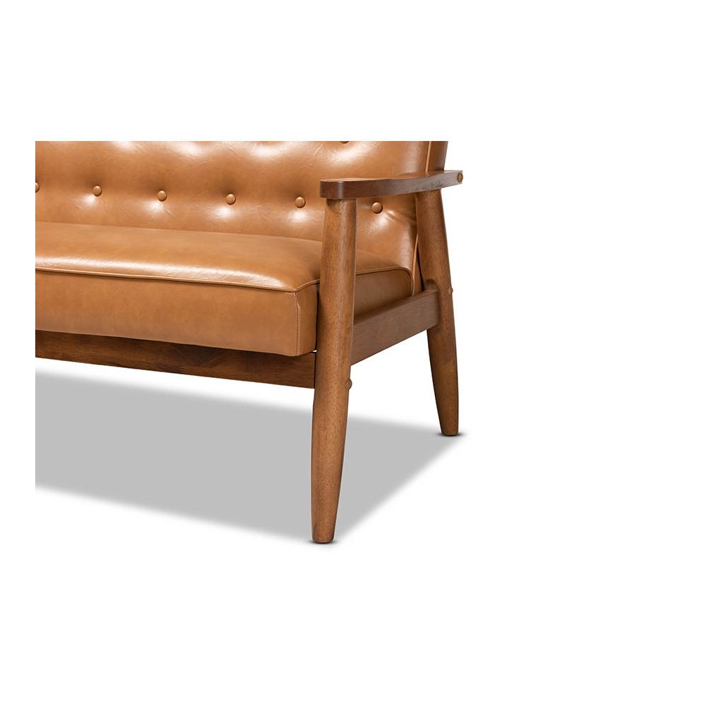 Leather Upholstered and Walnut Brown Finished Wood Loveseat. Picture 6
