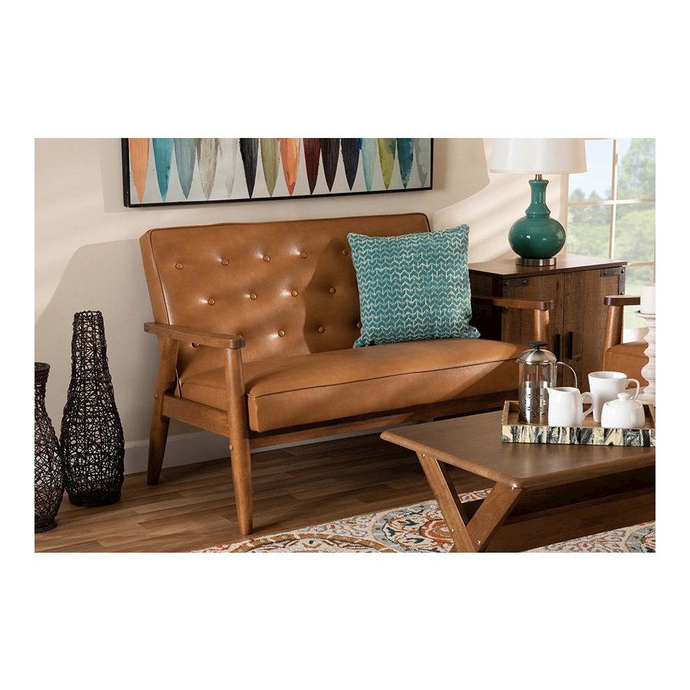 Leather Upholstered and Walnut Brown Finished Wood Loveseat. Picture 7