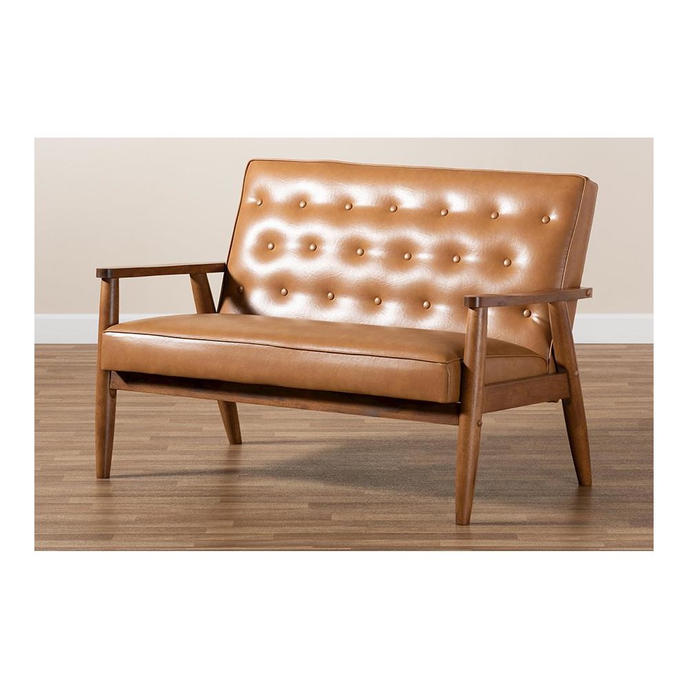 Leather Upholstered and Walnut Brown Finished Wood Loveseat. Picture 8