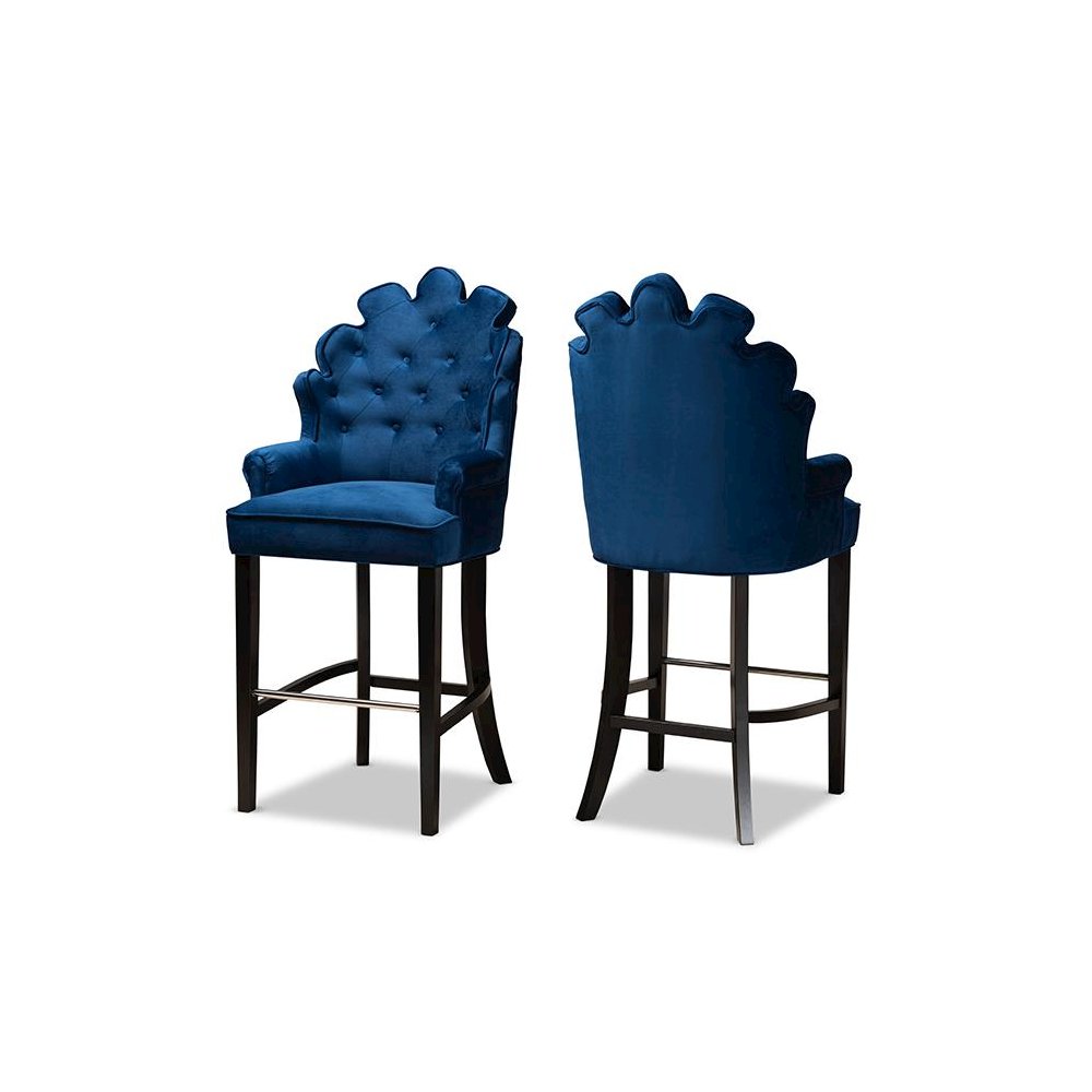Navy Blue Velvet Upholstered and Dark Brown Finished Wood 2-Piece Bar Stool Set. Picture 1