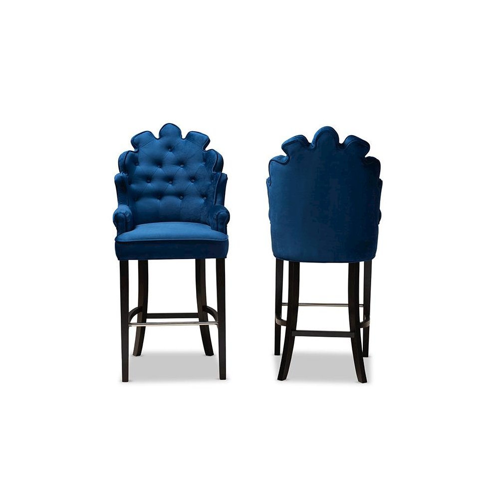 Navy Blue Velvet Upholstered and Dark Brown Finished Wood 2-Piece Bar Stool Set. Picture 2