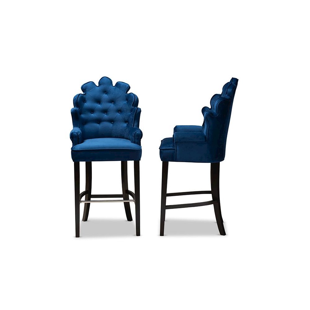 Navy Blue Velvet Upholstered and Dark Brown Finished Wood 2-Piece Bar Stool Set. Picture 3
