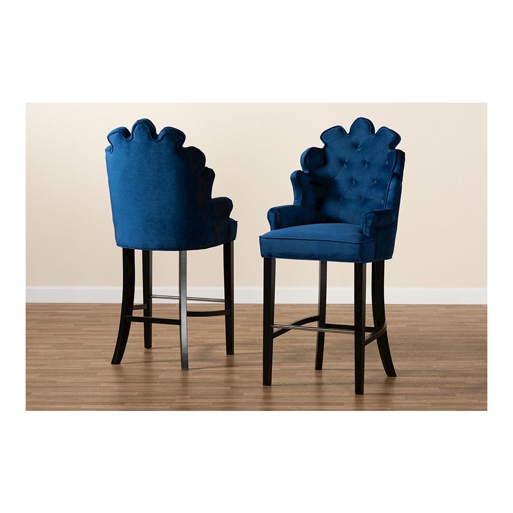 Navy Blue Velvet Upholstered and Dark Brown Finished Wood 2-Piece Bar Stool Set. Picture 7