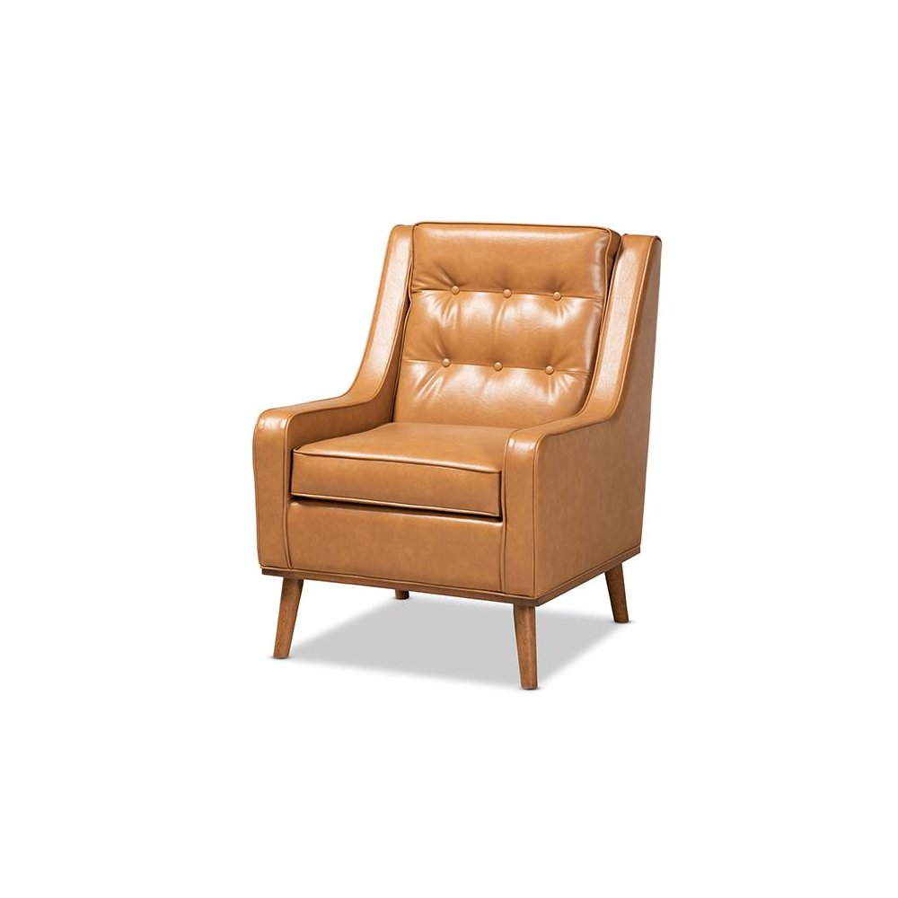 Tan Faux Leather Upholstered and Walnut Brown Finished Wood Lounge Armchair. Picture 1