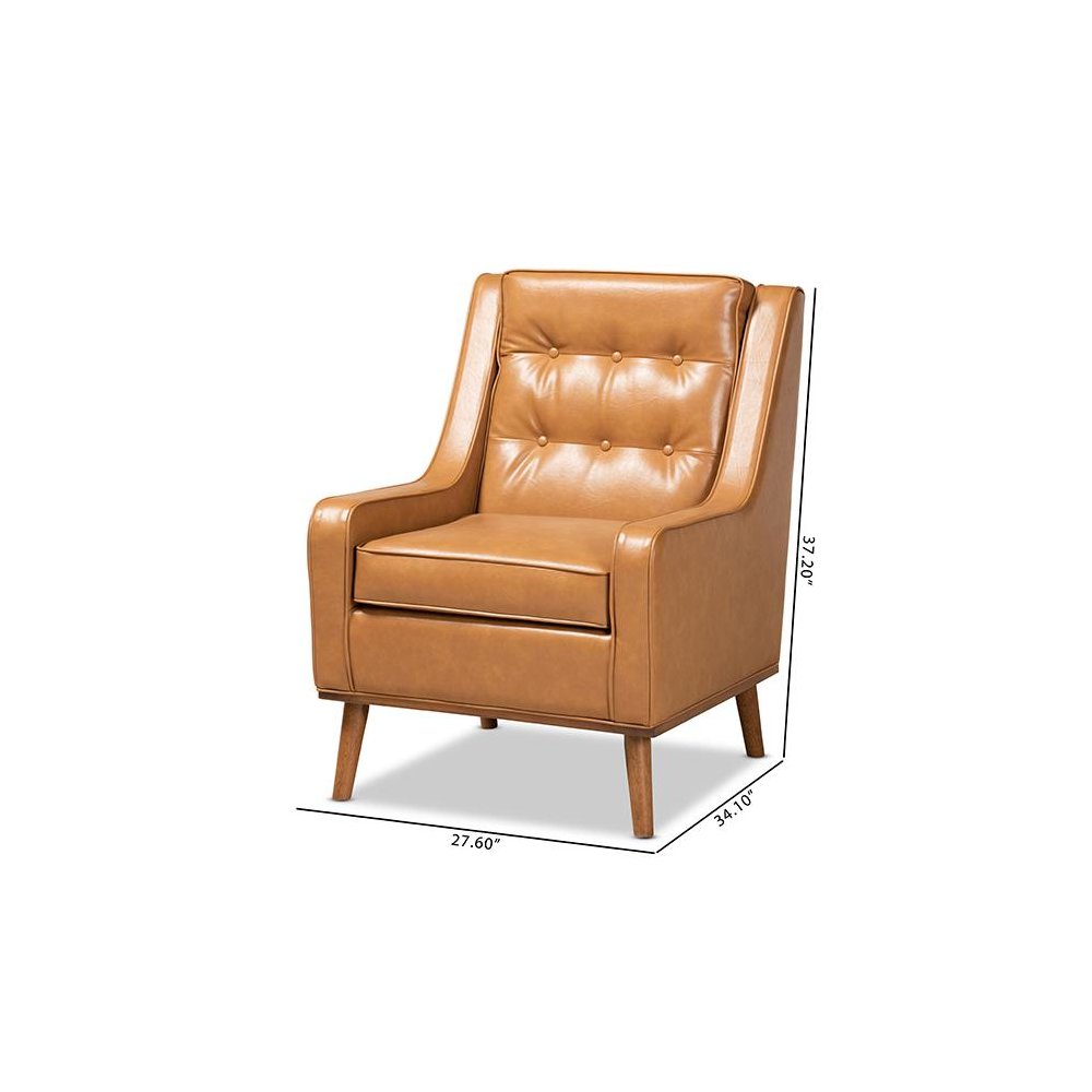 Tan Faux Leather Upholstered and Walnut Brown Finished Wood Lounge Armchair. Picture 10