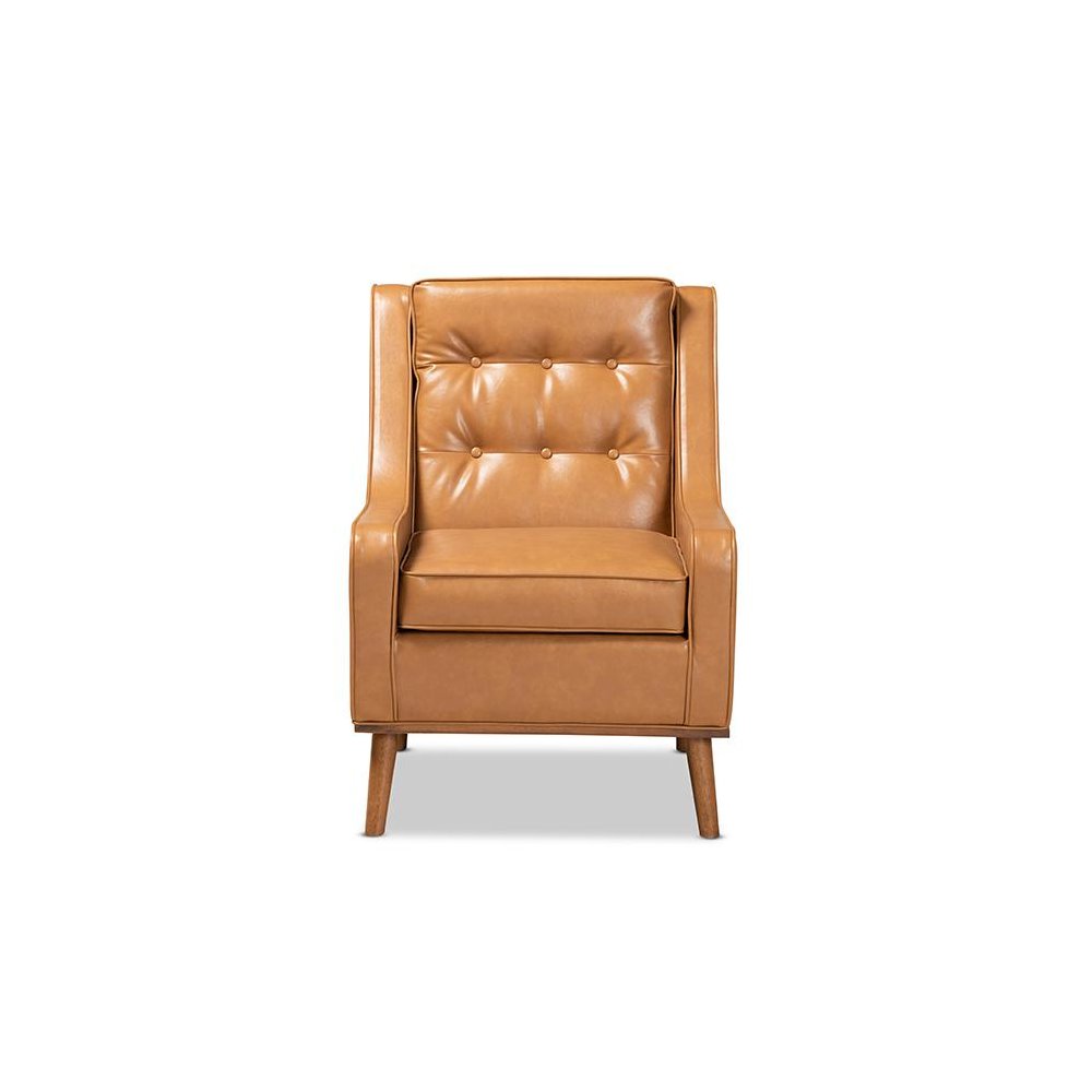 Tan Faux Leather Upholstered and Walnut Brown Finished Wood Lounge Armchair. Picture 2
