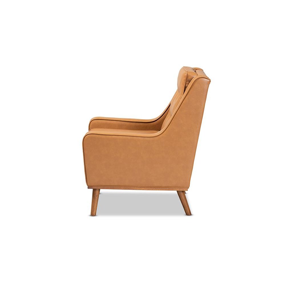 Tan Faux Leather Upholstered and Walnut Brown Finished Wood Lounge Armchair. Picture 3