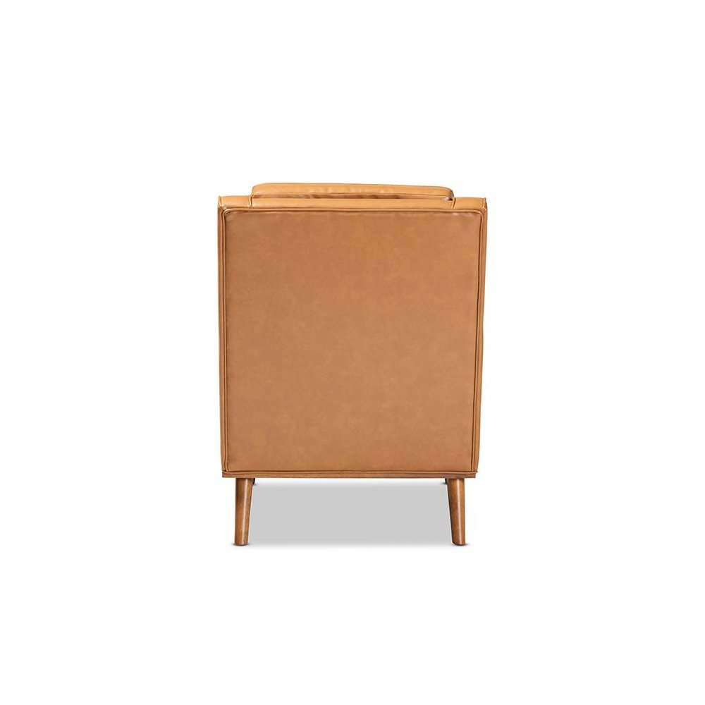 Tan Faux Leather Upholstered and Walnut Brown Finished Wood Lounge Armchair. Picture 4
